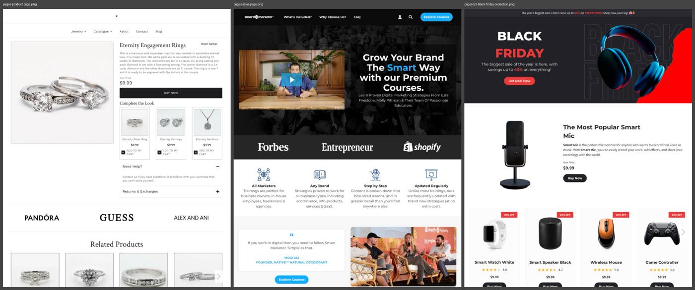 Zipify templates: jewellery product page, video sales page, Black Friday collection