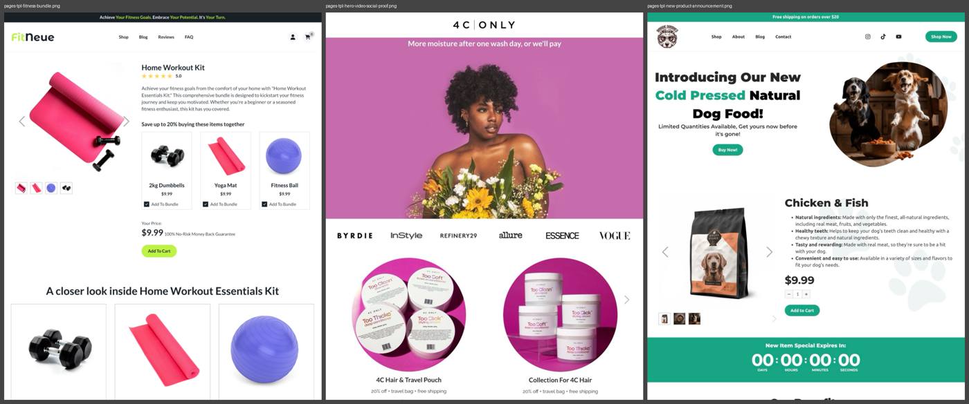 Zipify templates: fitness bundle, hero video social proof, new product announcement